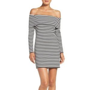 Trina by Trina Turk Camellias Black and White Striped Off the Shoulder Dress